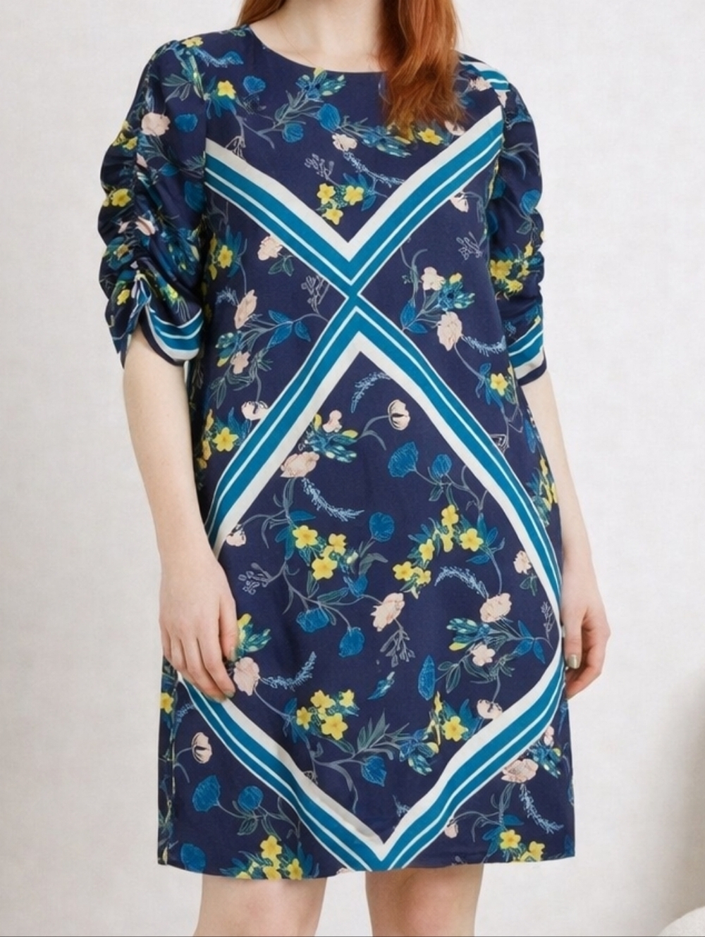 Halogen Floral Shift Dress Women's Size 1 Navy Blue 3/4 Sleeve Ruched Scarf Prin